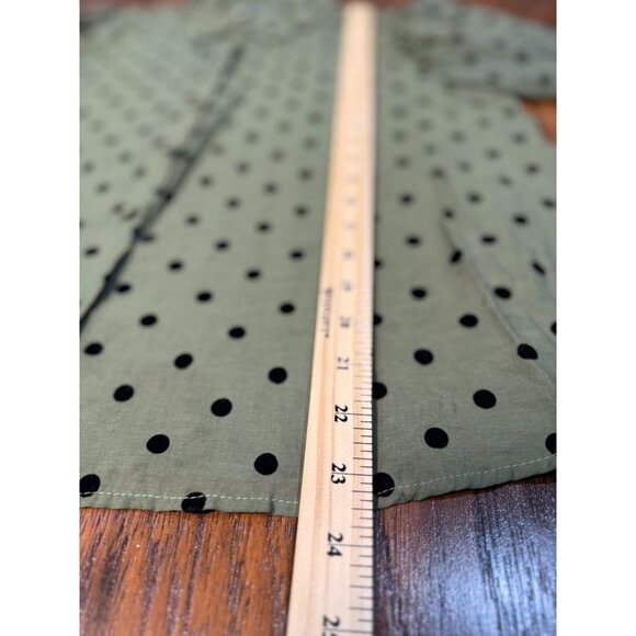 Stradivarius Womens L Green Black Polka Dot Long Puff Sleeve Blouse Button Down - Picture 8 of 8